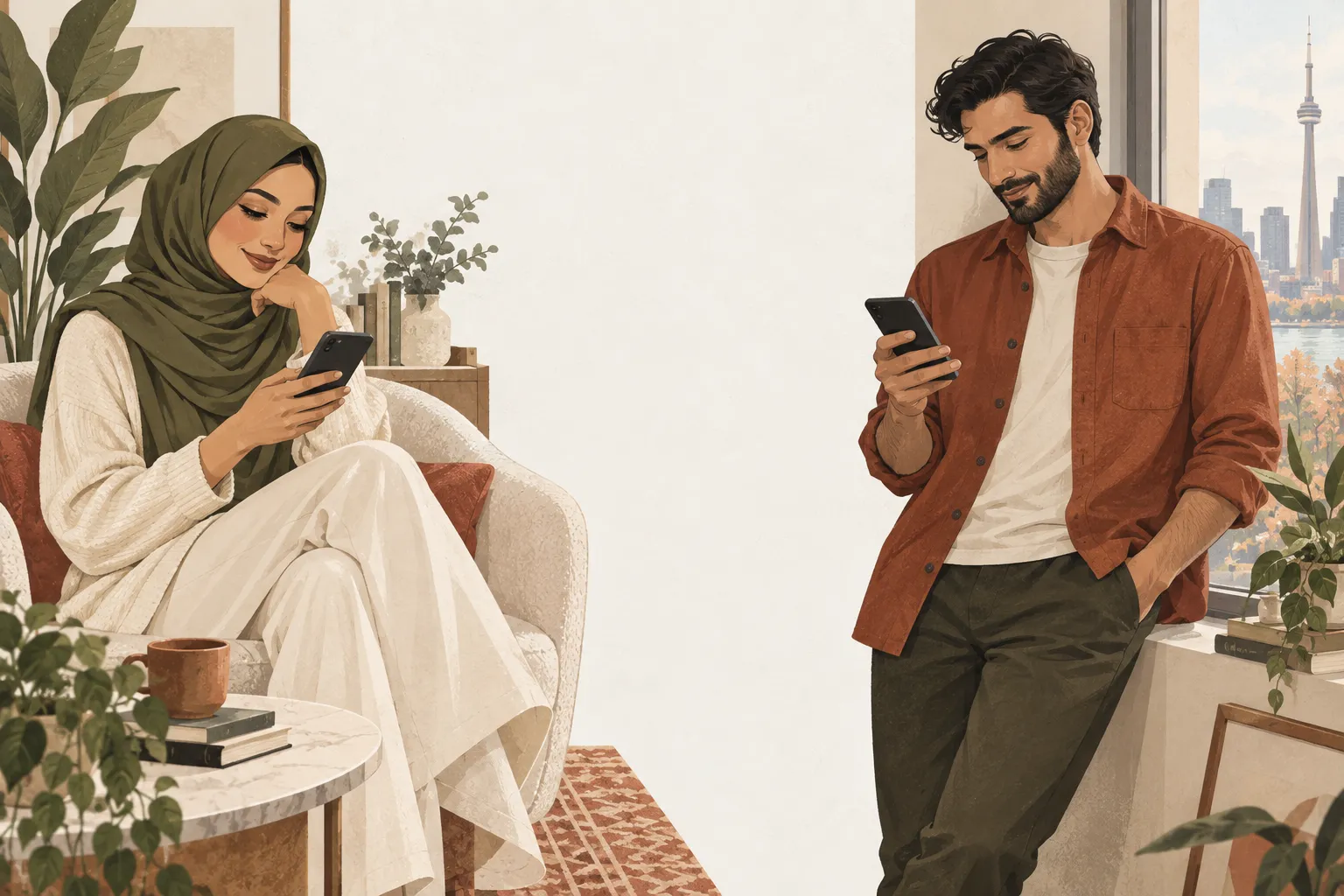 Illustration: two adults, each enjoying a quiet moment with their phone after a date.