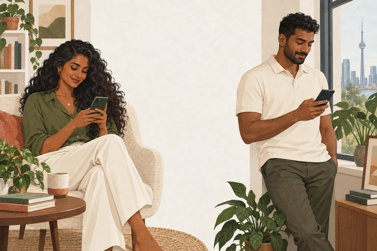 Illustration: two adults, each enjoying a quiet moment with their phone after a date.