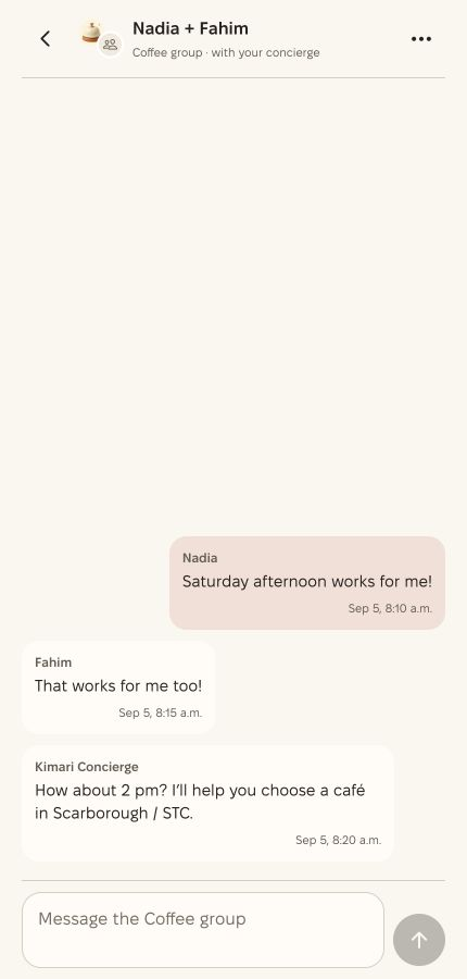 Kimari app chat screenshot: Nadia + Fahim arrange coffee with their concierge. Bangladeshi Muslim fictional example.