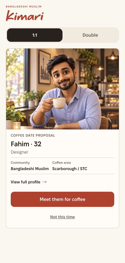 Kimari app introduction screenshot: Fahim, 32, Designer, Bangladeshi Muslim, with an AI Coffee Portrait. Fictional example.