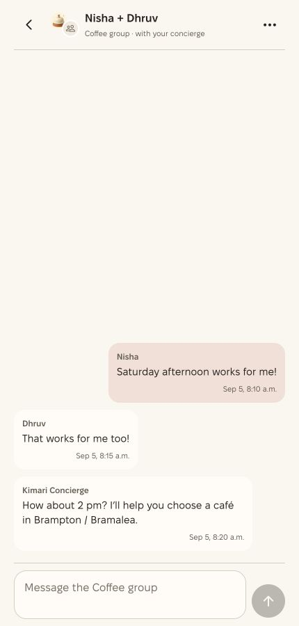 Kimari app chat screenshot: Nisha + Dhruv arrange coffee with their concierge. Gujarati Hindu fictional example.