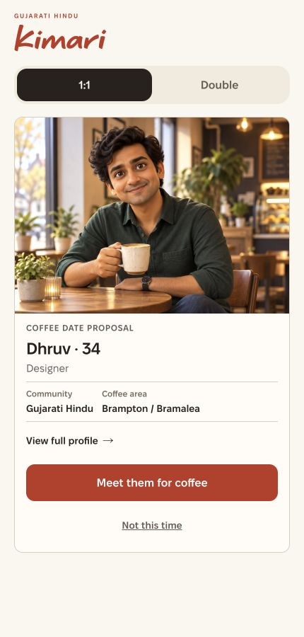 Kimari app introduction screenshot: Dhruv, 34, Designer, Gujarati Hindu, with an AI Coffee Portrait. Fictional example.