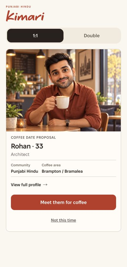 Kimari app introduction screenshot: Rohan, 33, Architect, Punjabi Hindu, with an AI Coffee Portrait. Fictional example.