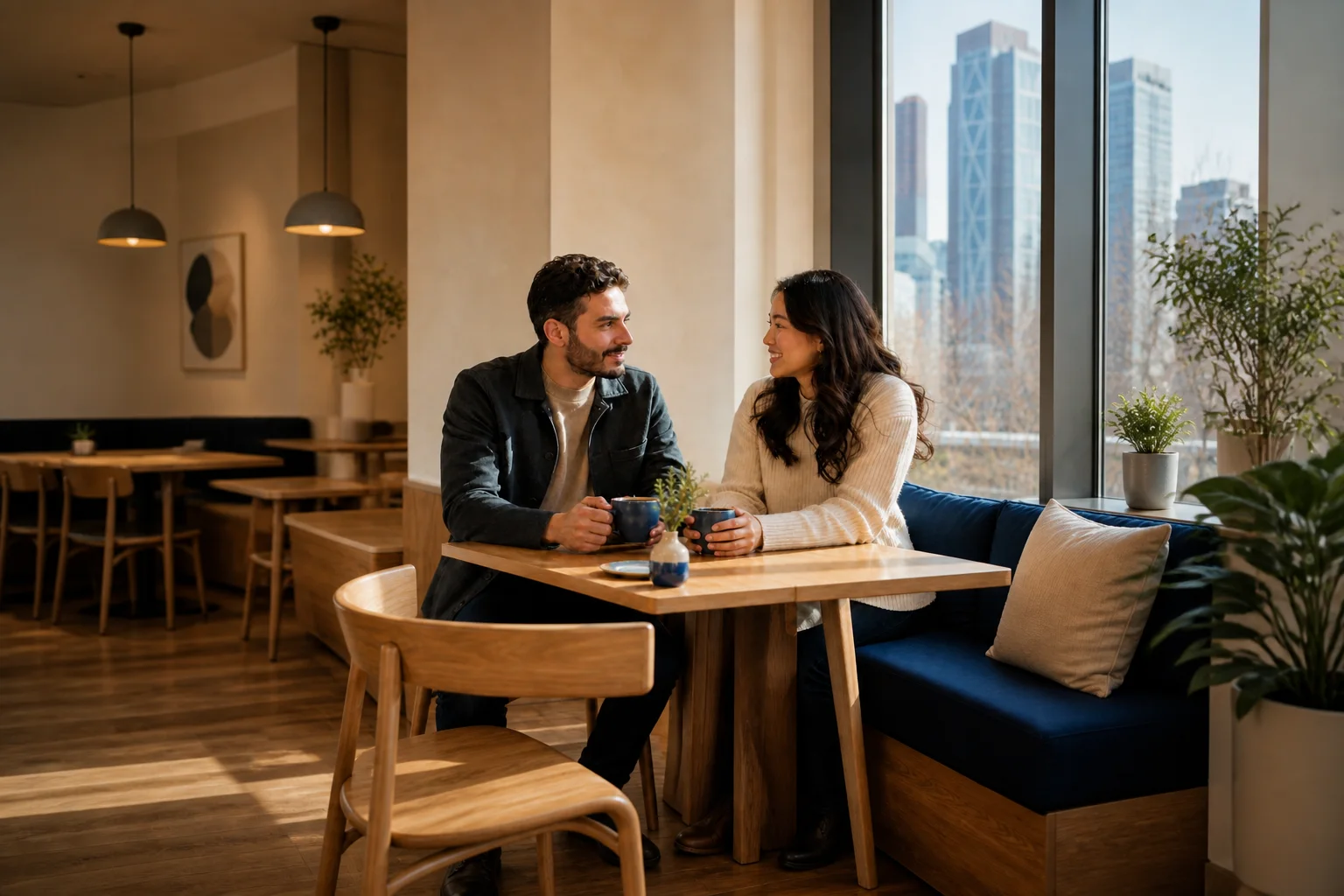 Two Catholic adults enjoying a conversation over coffee