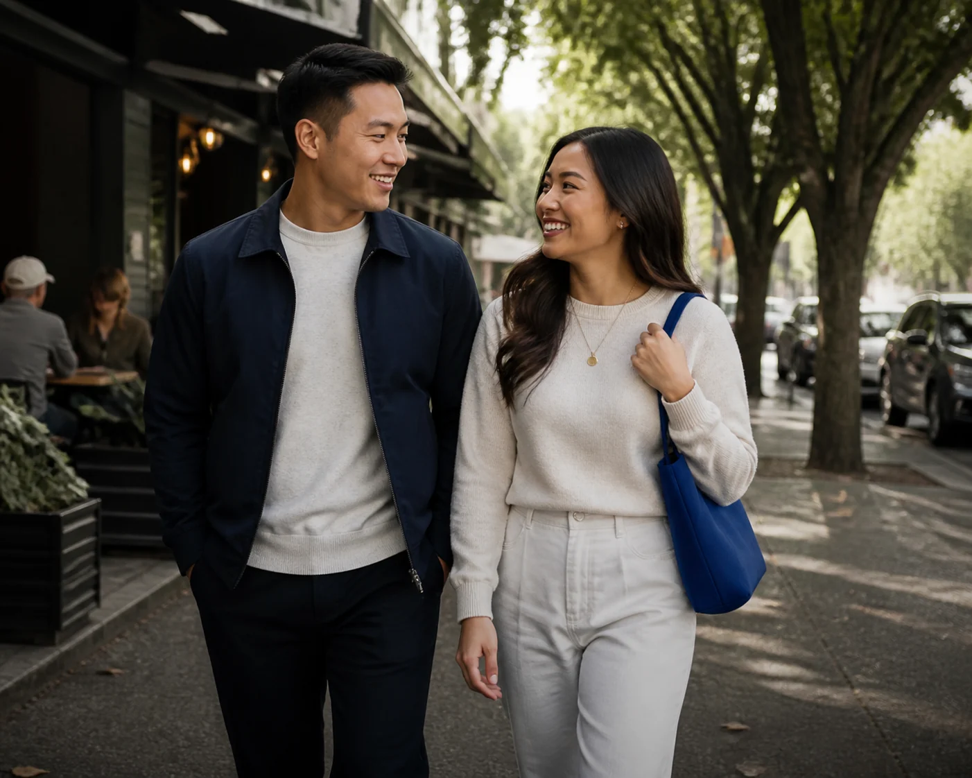 Two adults enjoying a walk together in Calgary