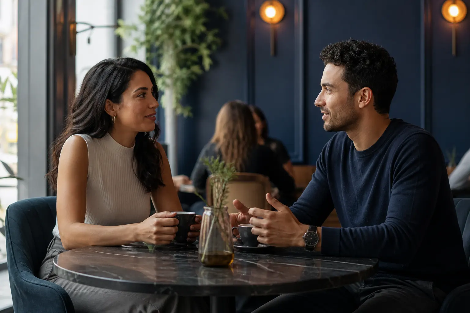 Two Hindu adults enjoying a conversation over coffee