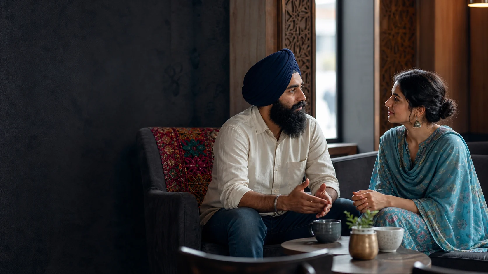 Adults gathering in a welcoming Sikh community setting