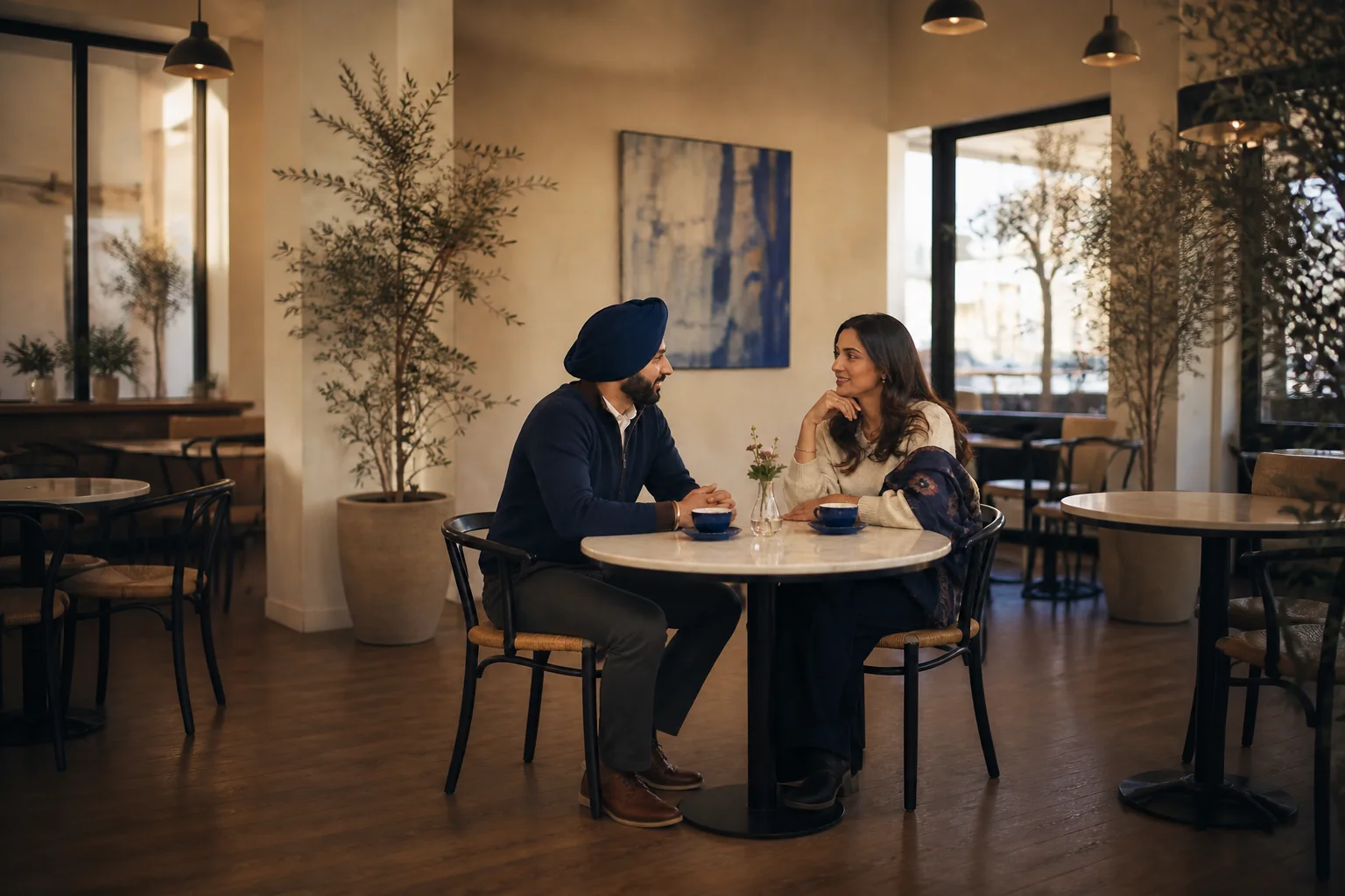 Two Sikh adults laughing together over coffee in a bright city cafe