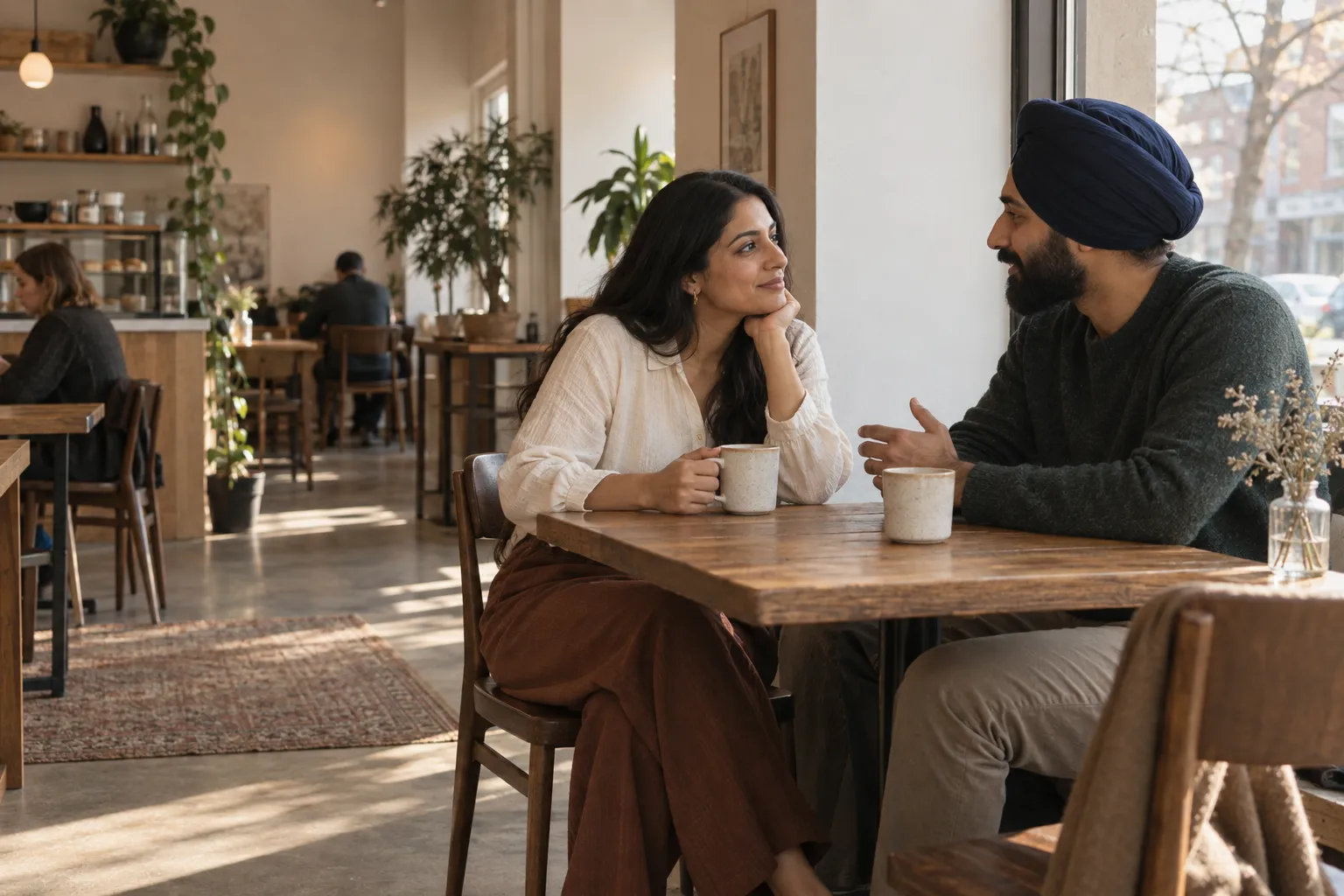 Illustration of two adults talking over coffee in a sunlit café