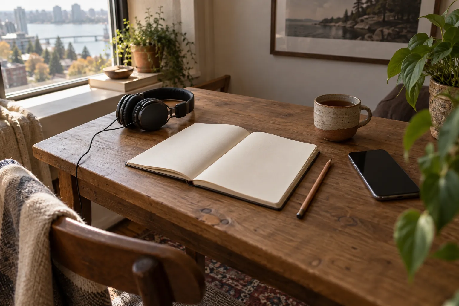 Illustrative still life of a notebook, headphones and a cup of tea by a window